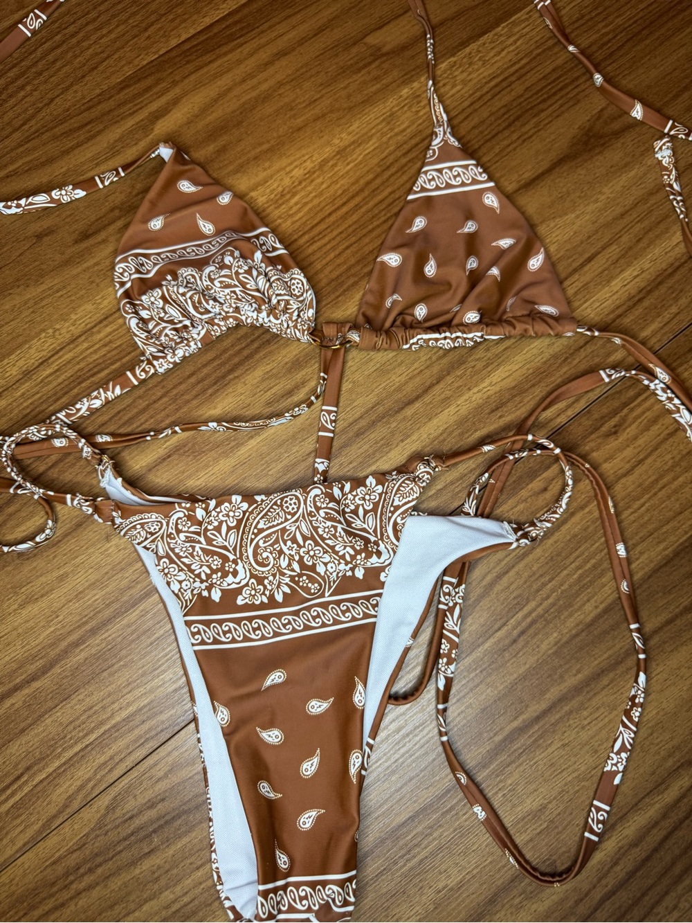 Women’s Brown Paisley String Bikini Set - Triangle Top & High-Cut Bottoms